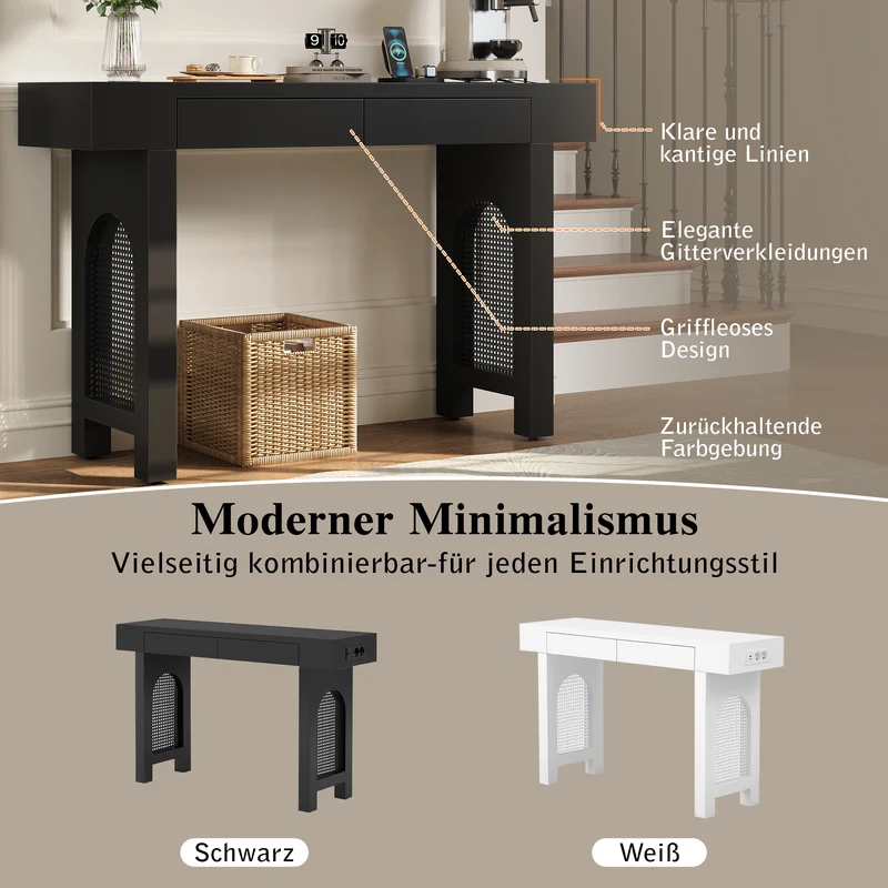 Console noire pieds en rotin 2 tiroirs et avec prises & USB MOMENTUMQUAZ