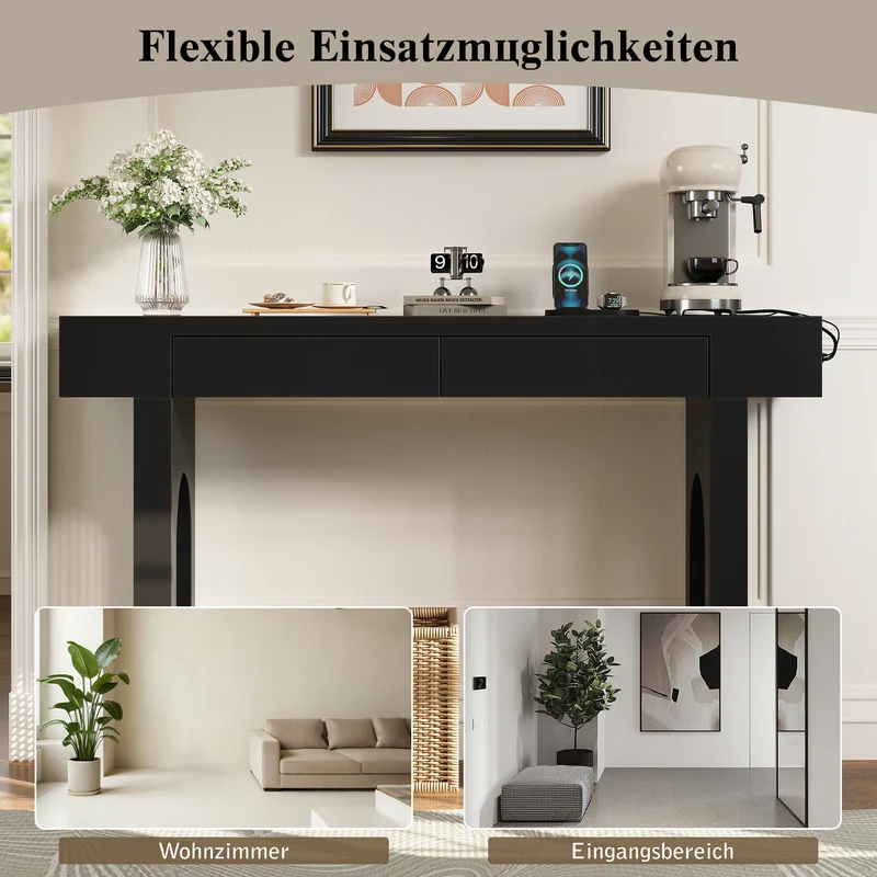 Console noire pieds en rotin 2 tiroirs et avec prises & USB MOMENTUMQUAZ