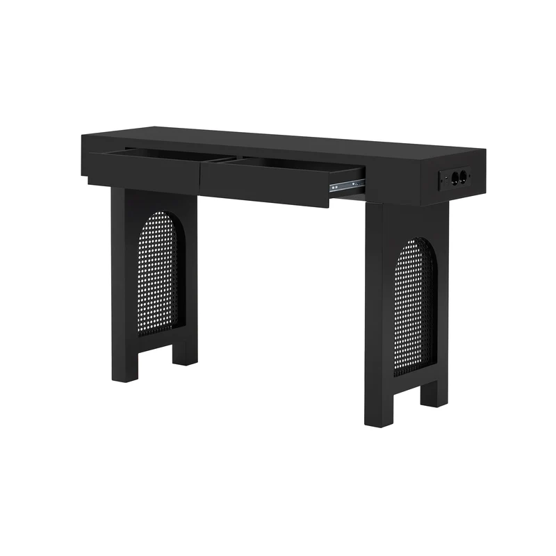 Console noire pieds en rotin 2 tiroirs et avec prises & USB MOMENTUMQUAZ