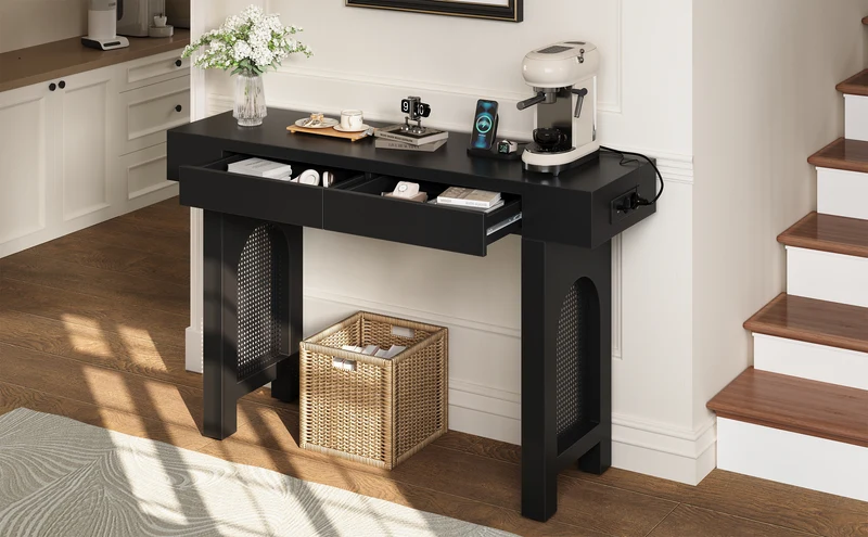 Console noire pieds en rotin 2 tiroirs et avec prises & USB MOMENTUMQUAZ