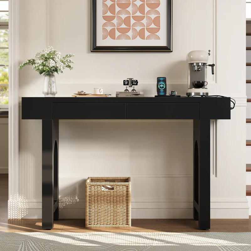 Console noire pieds en rotin 2 tiroirs et avec prises & USB MOMENTUMQUAZ