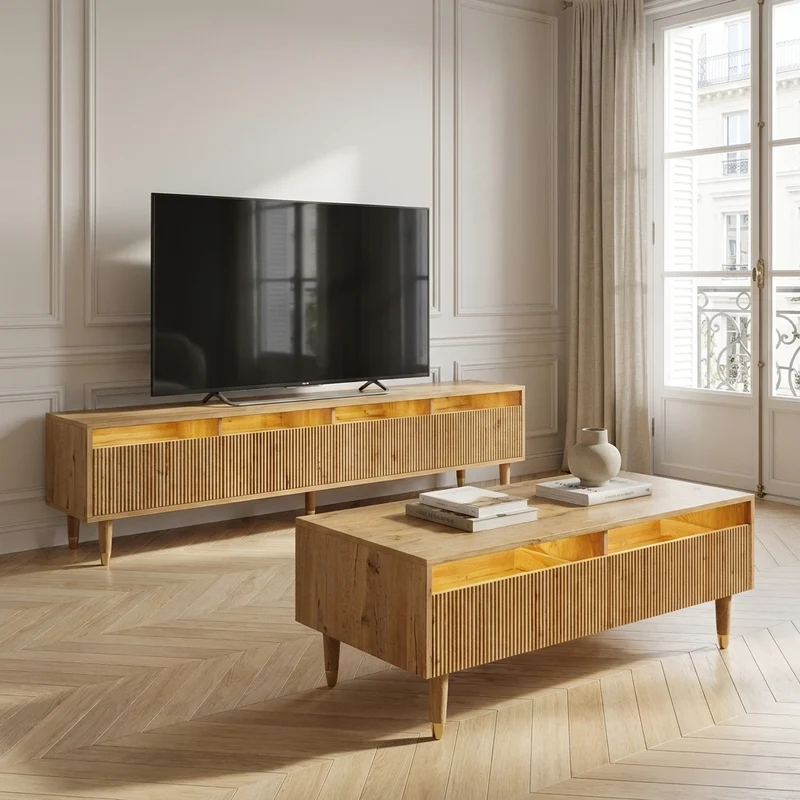 Ensemble meuble TV avec table basse effet bois et éclairage LED 2 pièces COPPERCANYON