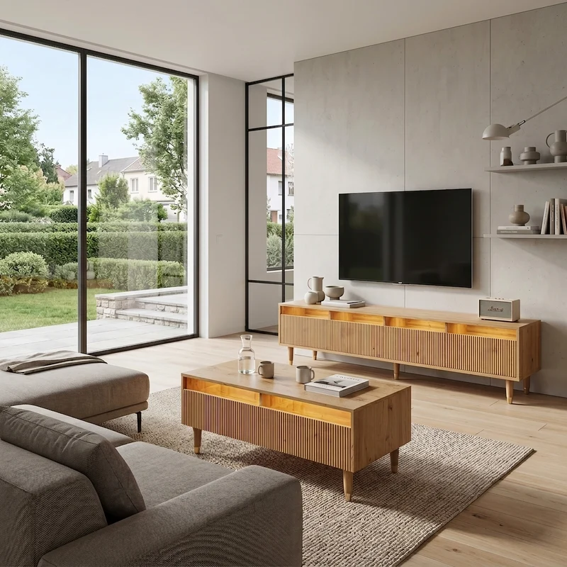 Ensemble meuble TV avec table basse effet bois et éclairage LED 2 pièces COPPERCANYON