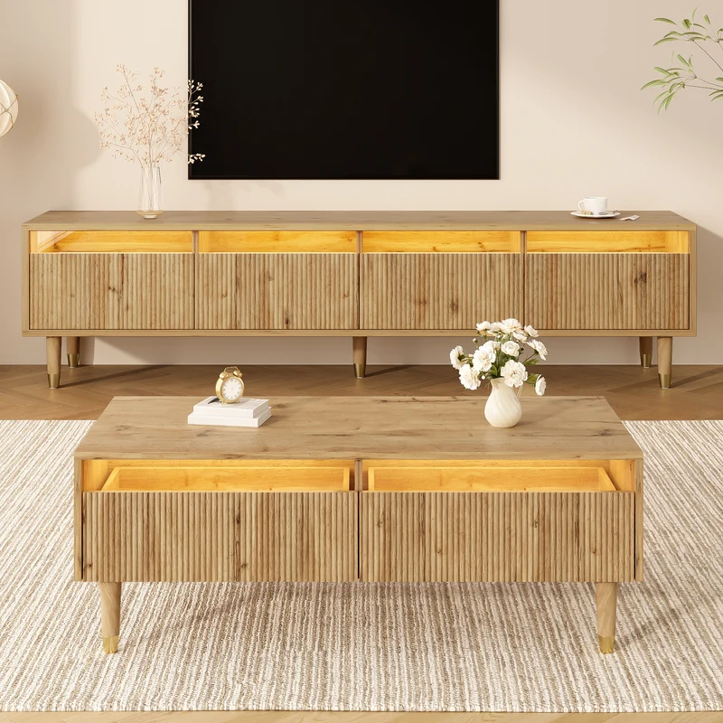 Ensemble meuble TV avec table basse effet bois et éclairage LED 2 pièces COPPERCANYON