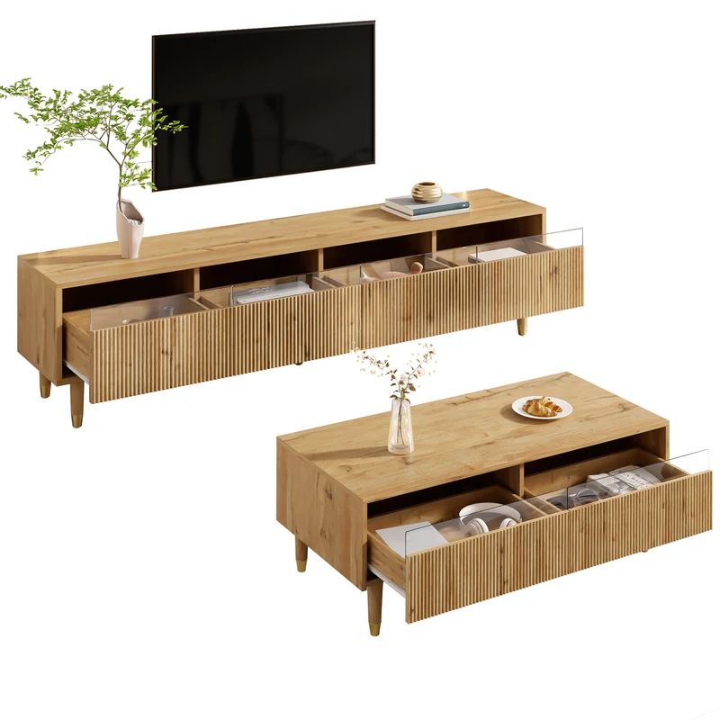 Ensemble meuble TV avec table basse effet bois et éclairage LED 2 pièces COPPERCANYON