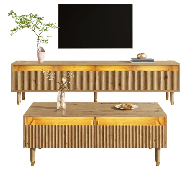 Ensemble meuble TV avec table basse effet bois et éclairage LED 2 pièces COPPERCANYON