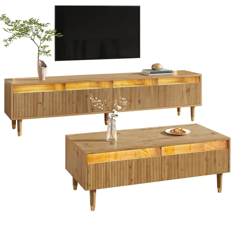 Ensemble meuble TV avec table basse effet bois et éclairage LED 2 pièces COPPERCANYON
