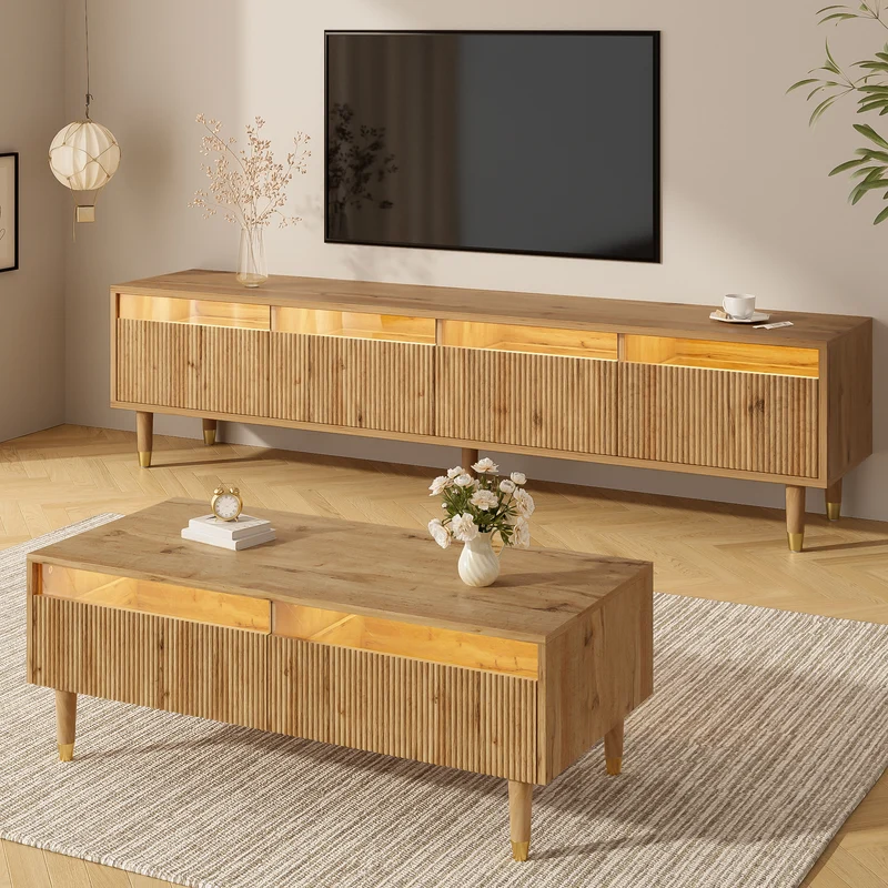 Ensemble meuble TV avec table basse effet bois et éclairage LED 2 pièces COPPERCANYON