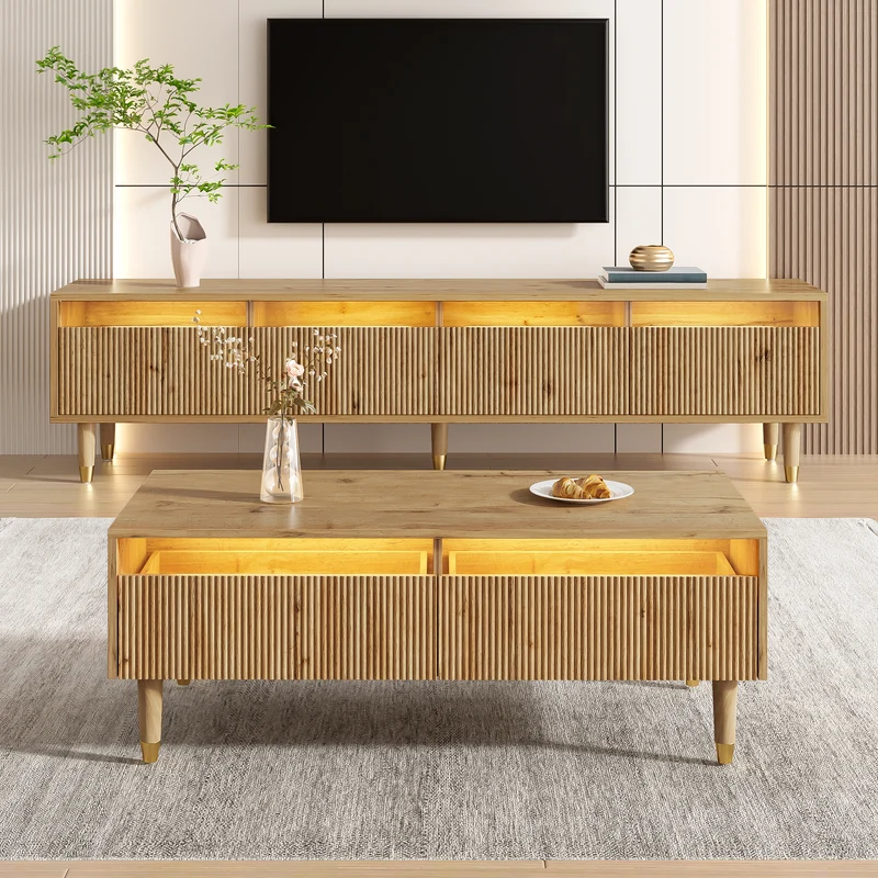 Ensemble meuble TV avec table basse effet bois et éclairage LED 2 pièces COPPERCANYON