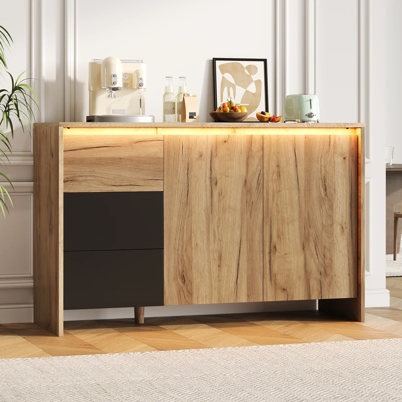 Buffet effet bois et noir 3 tiroirs, 2 portes avec éclairage LED 120x76x40cm ALUMINUMLAMP