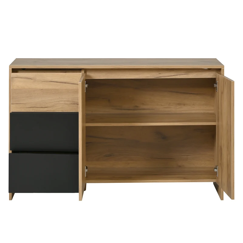 Buffet effet bois et noir 3 tiroirs, 2 portes avec éclairage LED 120x76x40cm ALUMINUMLAMP