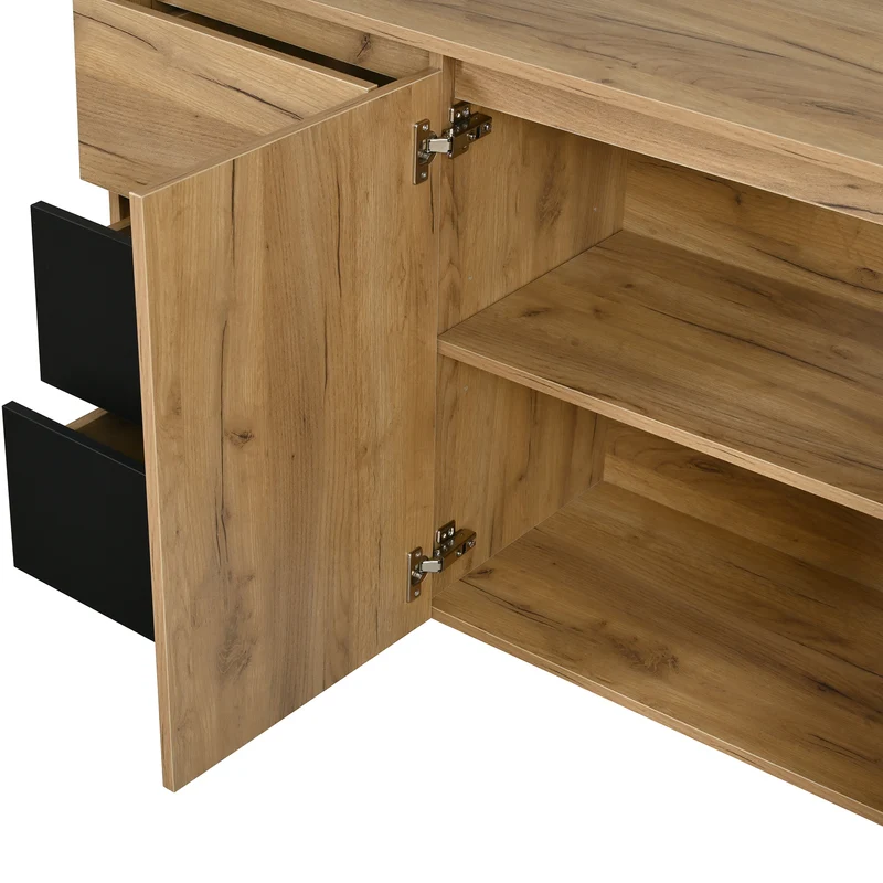 Buffet effet bois et noir 3 tiroirs, 2 portes avec éclairage LED 120x76x40cm ALUMINUMLAMP
