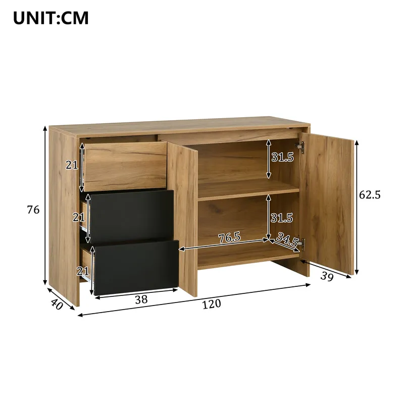 Buffet effet bois et noir 3 tiroirs, 2 portes avec éclairage LED 120x76x40cm ALUMINUMLAMP