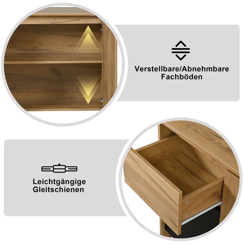 Buffet effet bois et noir 3 tiroirs, 2 portes avec éclairage LED 120x76x40cm ALUMINUMLAMP