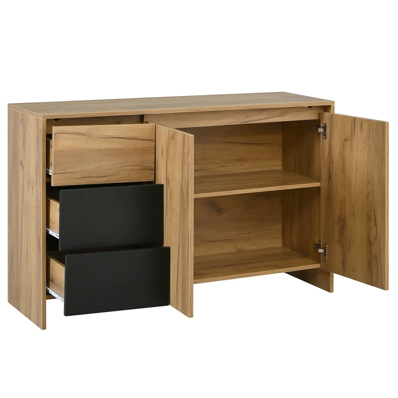 Buffet effet bois et noir 3 tiroirs, 2 portes avec éclairage LED 120x76x40cm ALUMINUMLAMP
