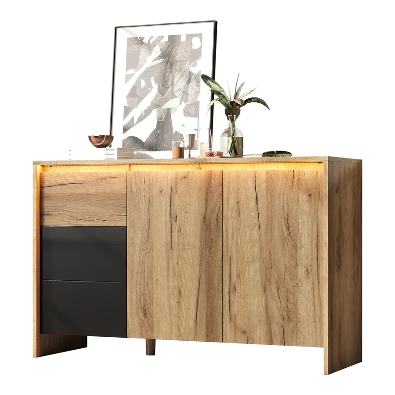 Buffet effet bois et noir 3 tiroirs, 2 portes avec éclairage LED 120x76x40cm ALUMINUMLAMP
