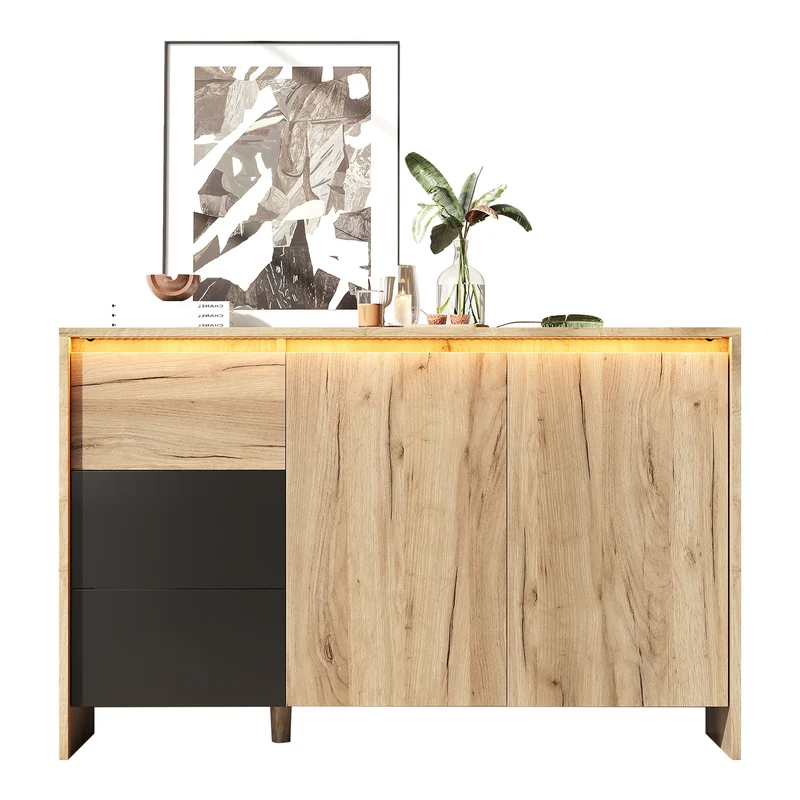 Buffet effet bois et noir 3 tiroirs, 2 portes avec éclairage LED 120x76x40cm ALUMINUMLAMP