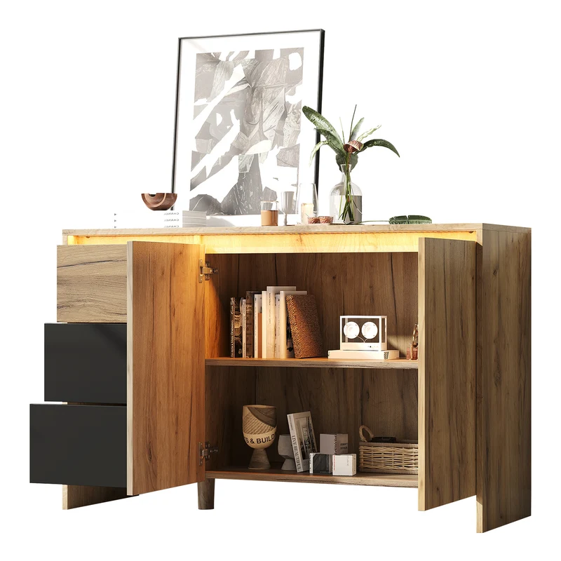 Buffet effet bois et noir 3 tiroirs, 2 portes avec éclairage LED 120x76x40cm ALUMINUMLAMP
