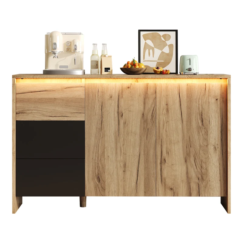 Buffet effet bois et noir 3 tiroirs, 2 portes avec éclairage LED 120x76x40cm ALUMINUMLAMP
