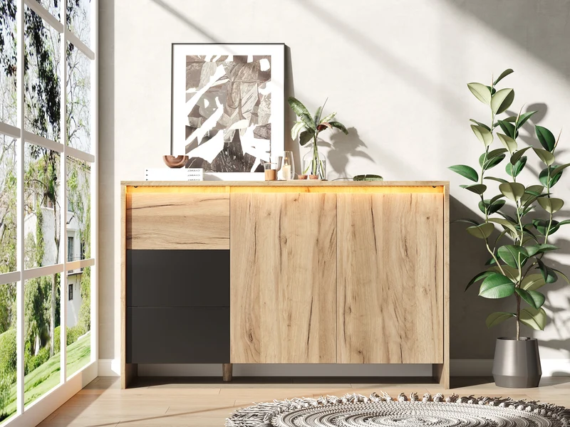 Buffet effet bois et noir 3 tiroirs, 2 portes avec éclairage LED 120x76x40cm ALUMINUMLAMP