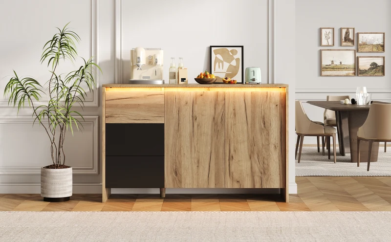 Buffet effet bois et noir 3 tiroirs, 2 portes avec éclairage LED 120x76x40cm ALUMINUMLAMP