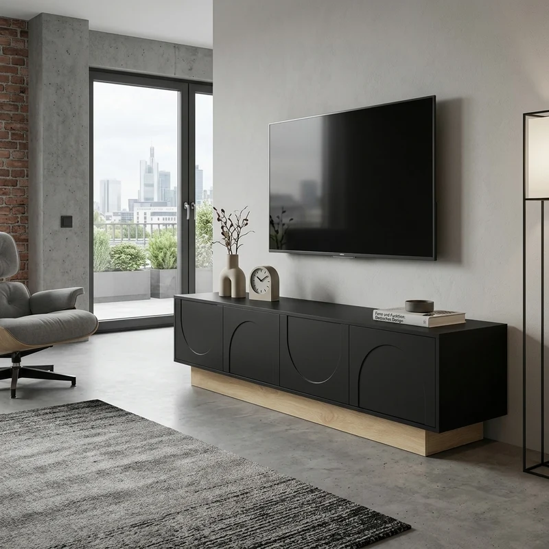 Meuble TV noir 4 portes motif courbé 175x40x41,5cm ADJUSTORGANIZER