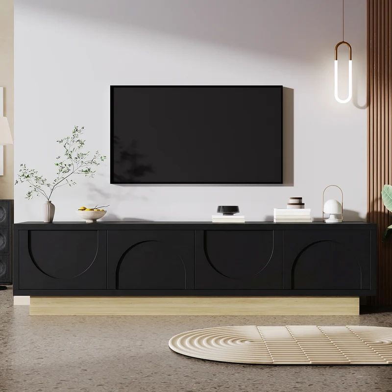 Meuble TV noir 4 portes motif courbé 175x40x41,5cm ADJUSTORGANIZER