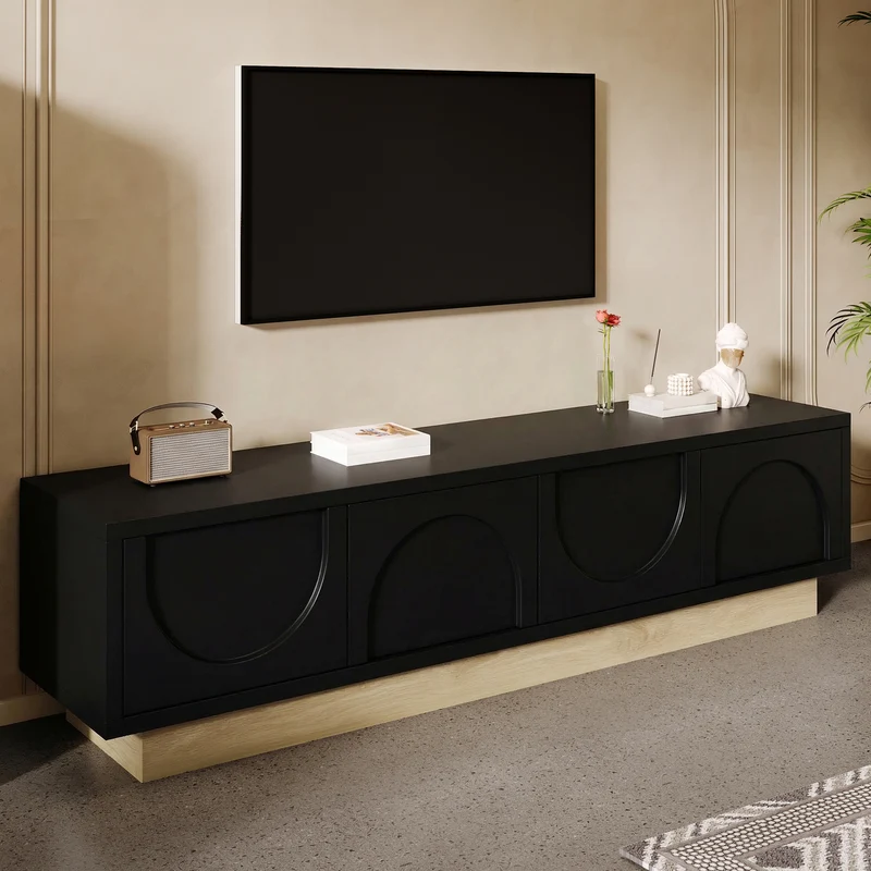 Meuble TV noir 4 portes motif courbé 175x40x41,5cm ADJUSTORGANIZER