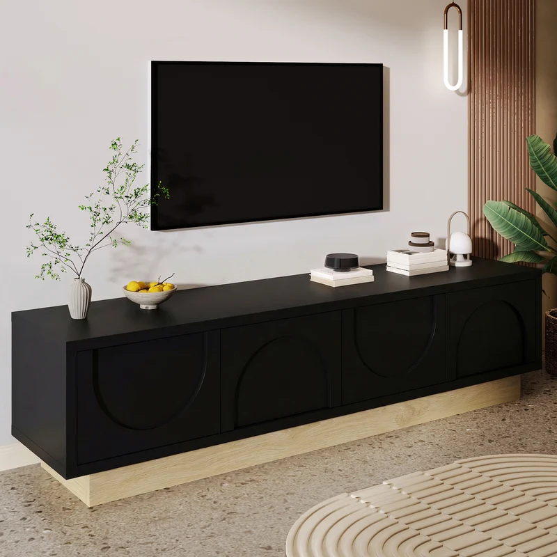 Meuble TV noir 4 portes motif courbé 175x40x41,5cm ADJUSTORGANIZER