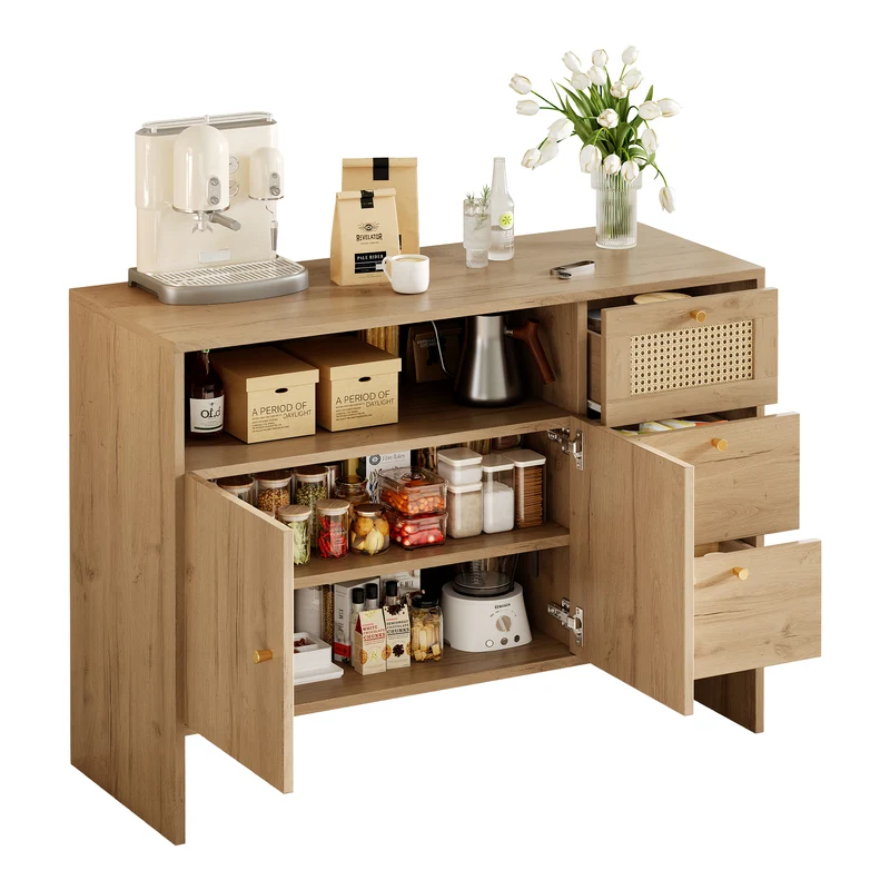 Buffet effet bois naturel avec rotin, portes, tiroirs et poignées dorées 105x40x76cm ALUMINUMPANEL