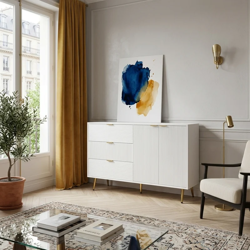 Buffet blanc élegant design ondulé détails dorés 120x38x80,5 cm ADJUSTBED