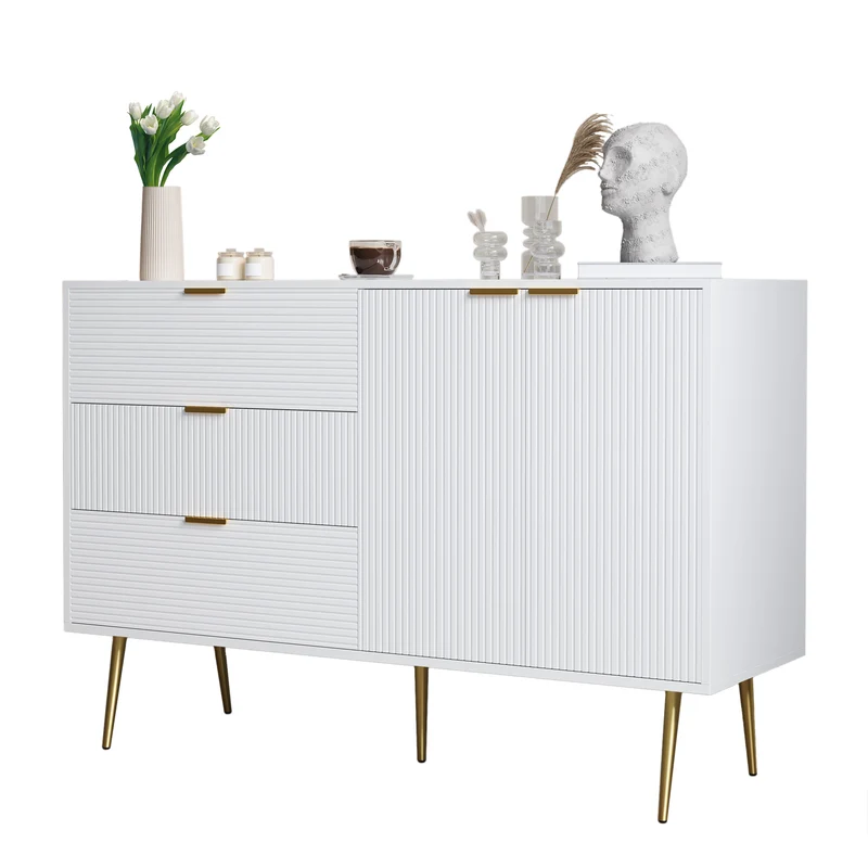 Buffet blanc élegant design ondulé détails dorés 120x38x80,5 cm ADJUSTBED