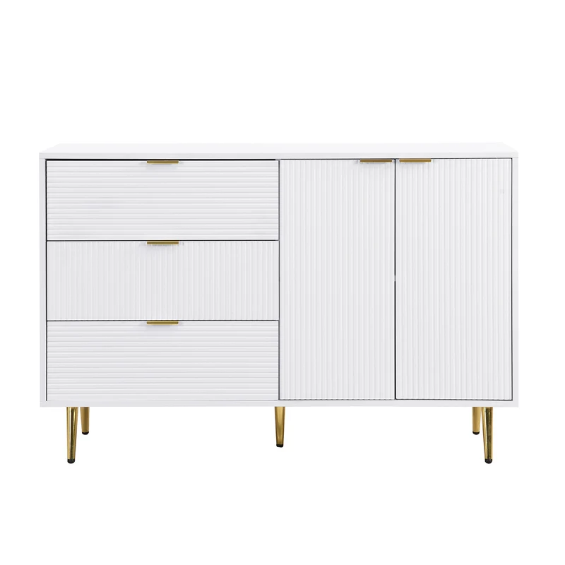 Buffet blanc élegant design ondulé détails dorés 120x38x80,5 cm ADJUSTBED