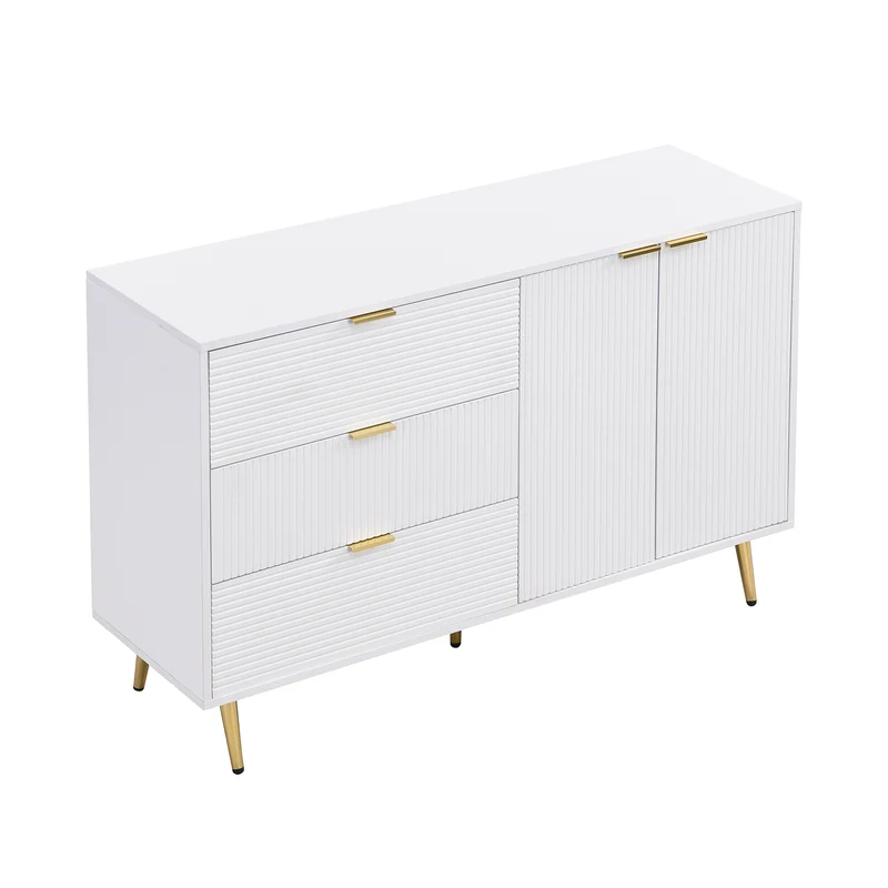 Buffet blanc élegant design ondulé détails dorés 120x38x80,5 cm ADJUSTBED