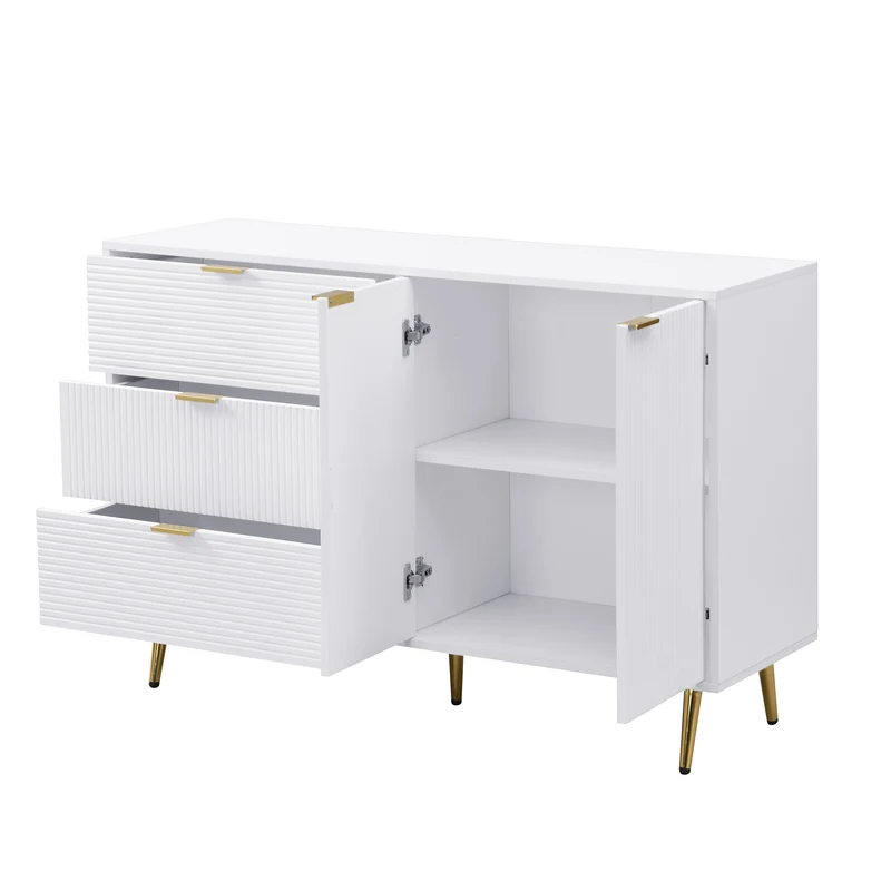 Buffet blanc élegant design ondulé détails dorés 120x38x80,5 cm ADJUSTBED