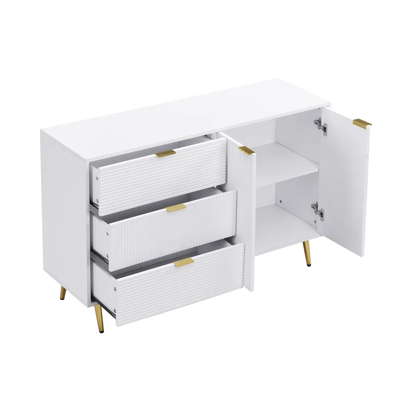 Buffet blanc élegant design ondulé détails dorés 120x38x80,5 cm ADJUSTBED