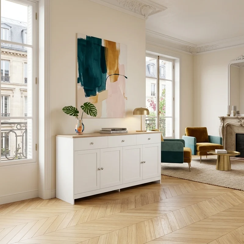 Buffet blanc effet bois 4 portes 3 tiroirs style campagne ADJUSTMARBLEONE