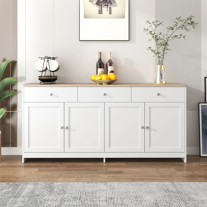 Buffet blanc effet bois 4 portes 3 tiroirs style campagne ADJUSTMARBLEONE