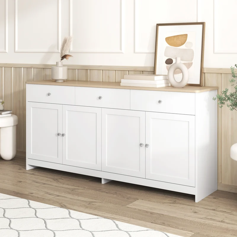 Buffet blanc effet bois 4 portes 3 tiroirs style campagne ADJUSTMARBLEONE