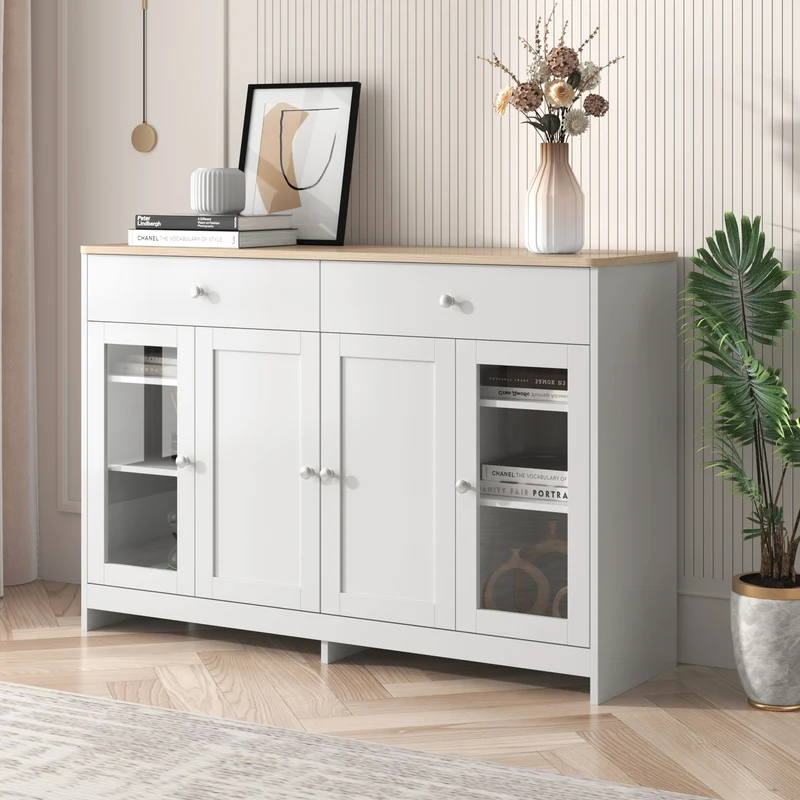 Buffet blanc effet bois clair 4 portes 2 tiroirs 120x37x80cm ADJUSTOAKELITE
