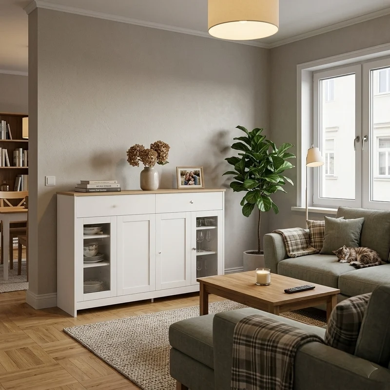 Buffet blanc effet bois clair 4 portes 2 tiroirs 120x37x80cm ADJUSTOAKELITE