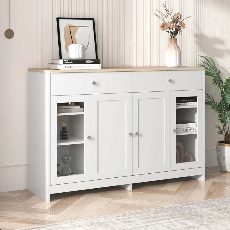 Buffet blanc effet bois clair 4 portes 2 tiroirs 120x37x80cm ADJUSTOAKELITE