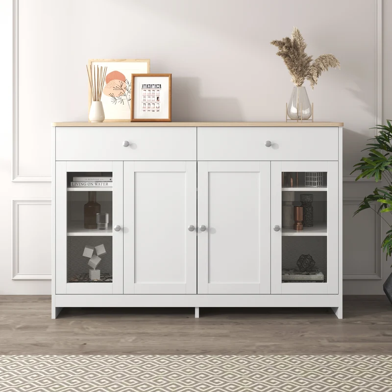 Buffet blanc effet bois clair 4 portes 2 tiroirs 120x37x80cm ADJUSTOAKELITE
