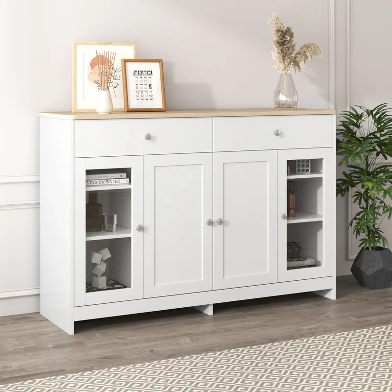 Buffet blanc effet bois clair 4 portes 2 tiroirs 120x37x80cm ADJUSTOAKELITE
