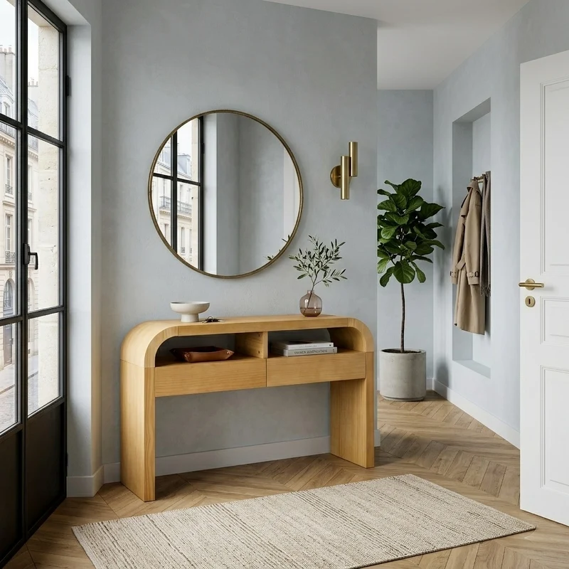 Console effet bois au design courbé et épuré avec 2 tiroirs 120x35,5cm CASCADEINFINIXX