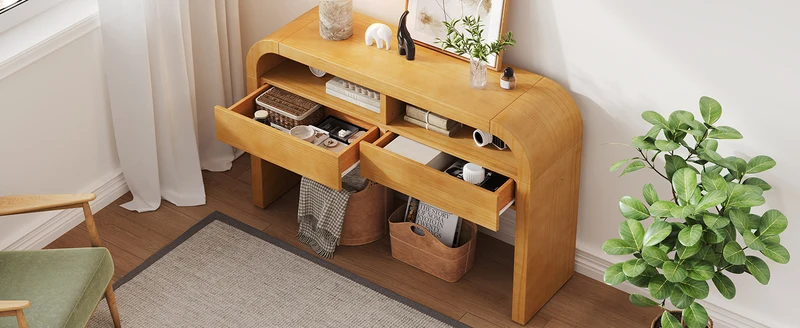 Console effet bois au design courbé et épuré avec 2 tiroirs 120x35,5cm CASCADEINFINIXX