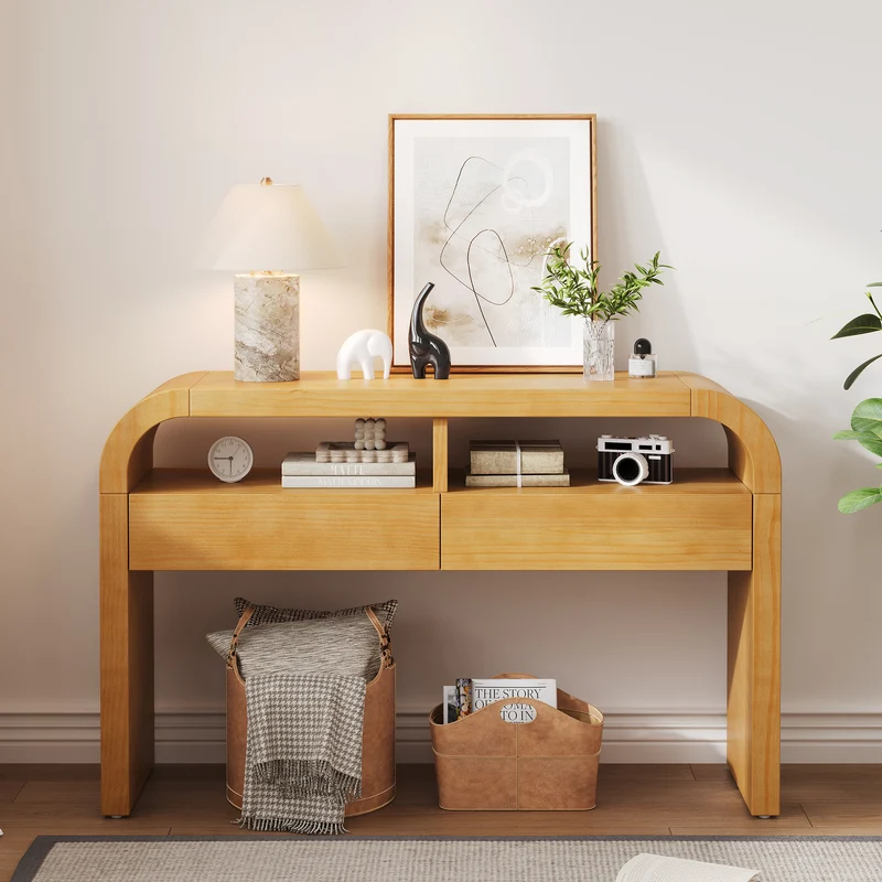 Console effet bois au design courbé et épuré avec 2 tiroirs 120x35,5cm CASCADEINFINIXX