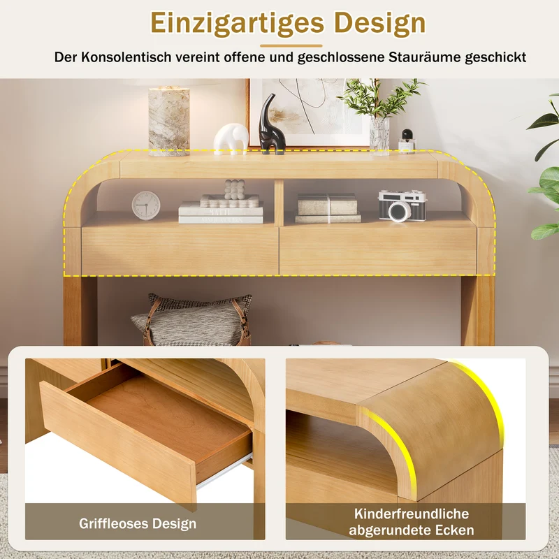 Console effet bois au design courbé et épuré avec 2 tiroirs 120x35,5cm CASCADEINFINIXX