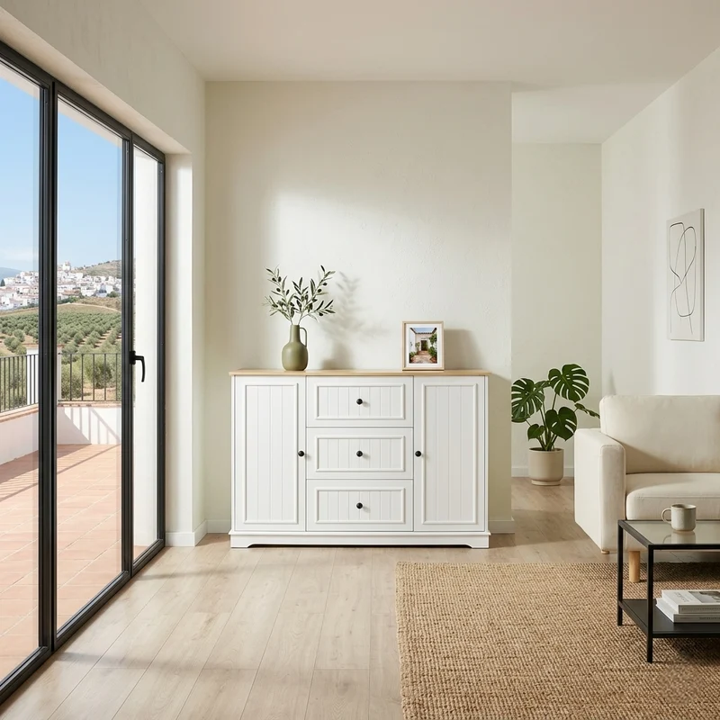 Buffet charme blanc 3 tiroirs et 2 portes 126x40x86 cm CASCADEMERIDIA