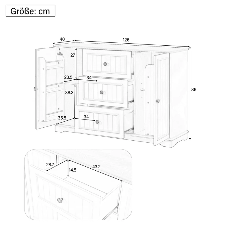 Buffet charme blanc 3 tiroirs et 2 portes 126x40x86 cm CASCADEMERIDIA